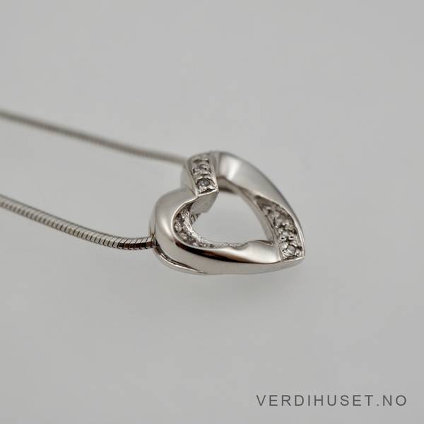 Hovedbilde Anheng/Hjerte i 14 K hvit gull med blanke stener