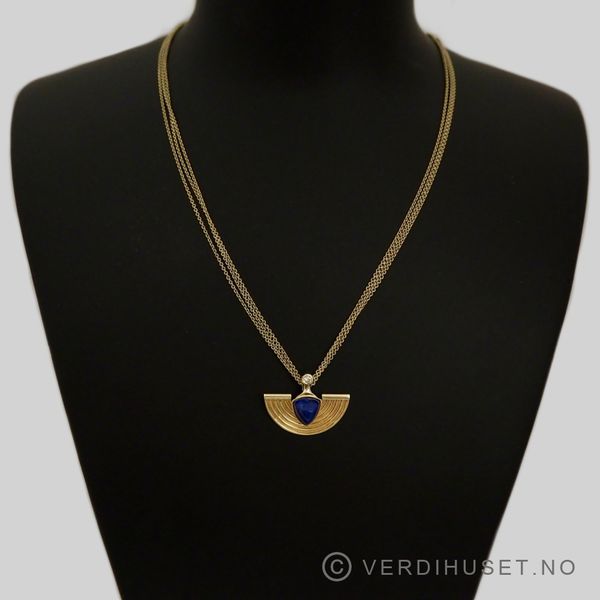 Hovedbilde Anheng i 14 K gull med diamant og blå sten