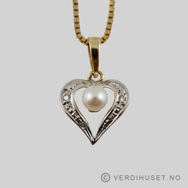 Hovedbilde Anheng/Hjerte i 14 K gull med perle og blanke ...