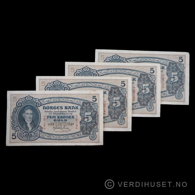 Hovedbilde 5 kr 1938 P Kv 01 (P.9113612 -15) 4 stk i rekke.
