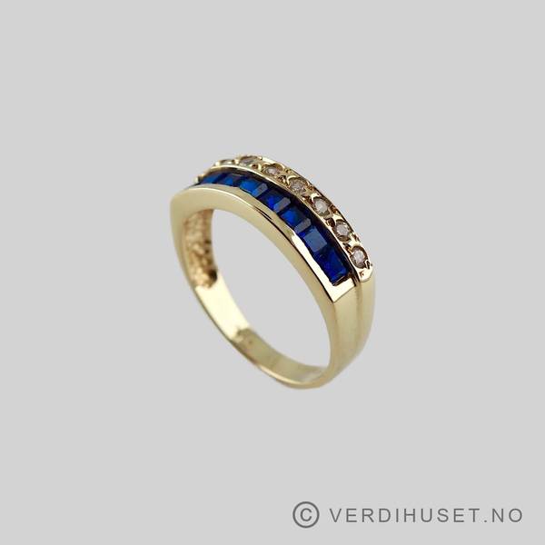 Hovedbilde Ring i 14 K gull med blå og blanke stener