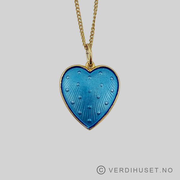 Hovedbilde Anheng/Hjerte i forgylt sølv med blå emalje - ...