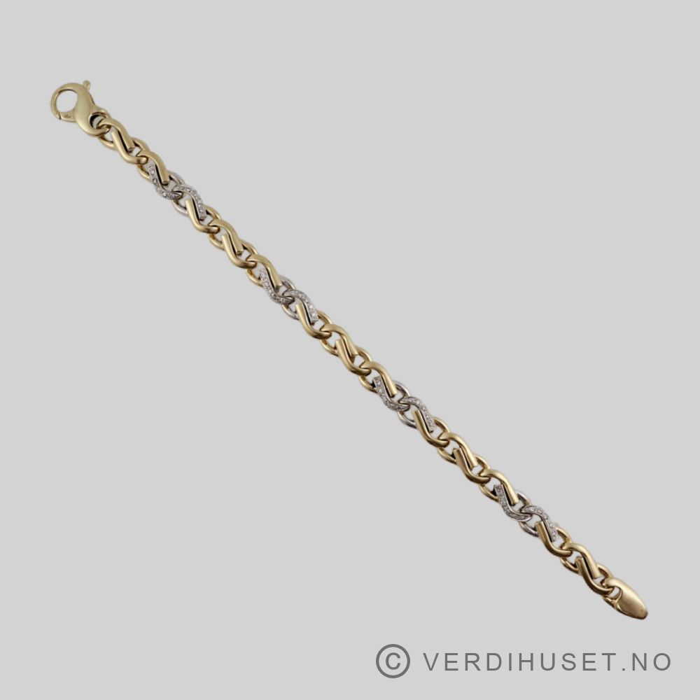 Armbånd i 14 K hvitt og gult gull med blanke stener